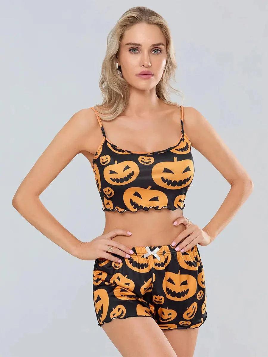 Women s Halloween Pajamas Set Pumpkin Print Cami Tops with Elastic Waist Shorts Loungewear Quantal store