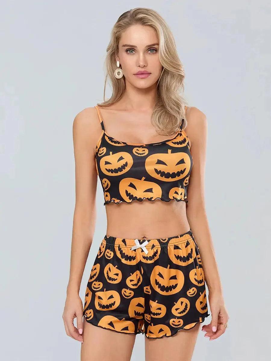 Women s Halloween Pajamas Set Pumpkin Print Cami Tops with Elastic Waist Shorts Loungewear Quantal store