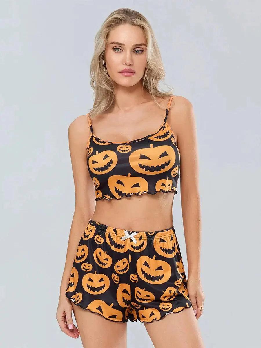 Women s Halloween Pajamas Set Pumpkin Print Cami Tops with Elastic Waist Shorts Loungewear Quantal store