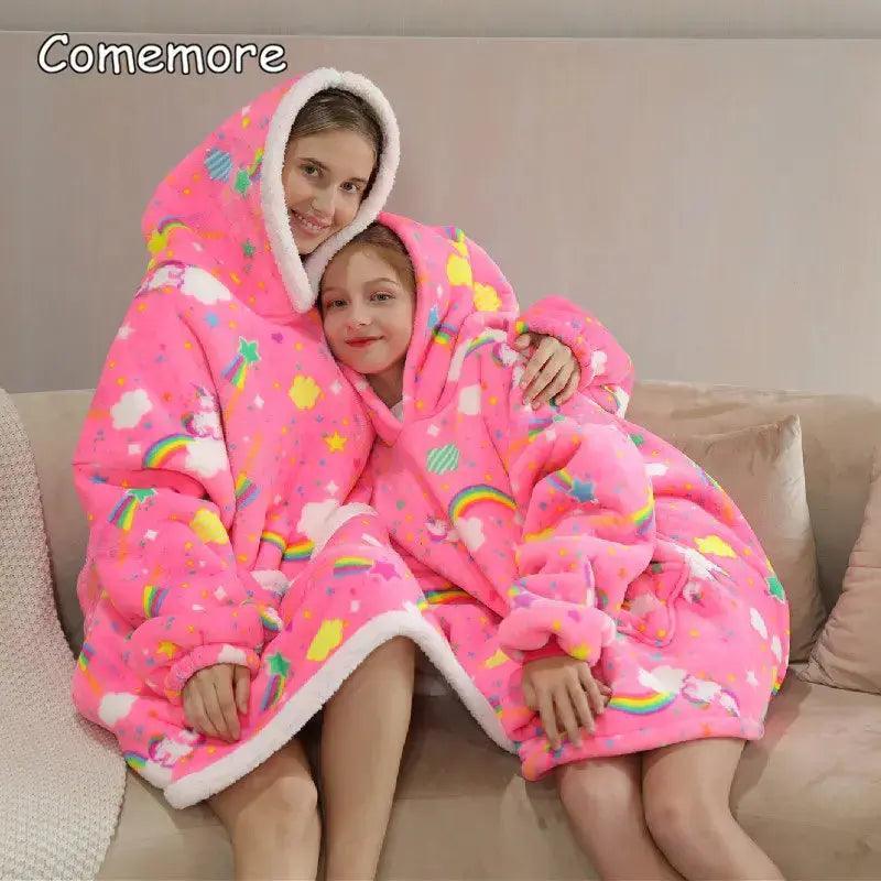 Comemore Winter Cow Cat Hoodie Oversize Plush Adult Women Couple Hoodies Fleece TV Blanket Hoodies Kids Parent-child Clothing Quantal store