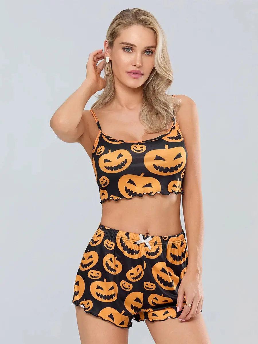 Women s Halloween Pajamas Set Pumpkin Print Cami Tops with Elastic Waist Shorts Loungewear Quantal store