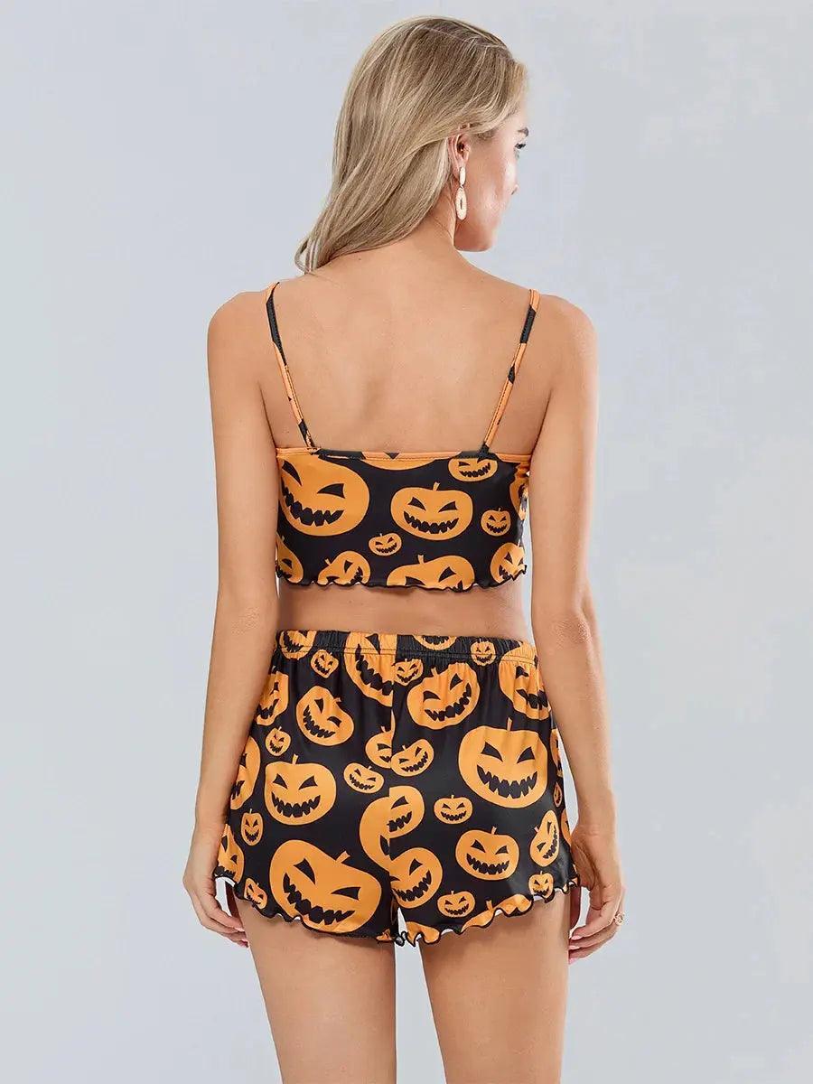 Women s Halloween Pajamas Set Pumpkin Print Cami Tops with Elastic Waist Shorts Loungewear Quantal store